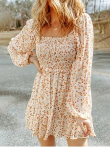 Apricot Boho Floral Smocked Puff Sleeve Mini Dress Apricot Boho Floral Smocked Puff Sleeve Mini Dress