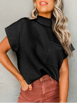 Black Patch Pocket Ribbed Knit Short Sleeve Sweate..