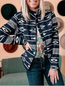 Black Western Aztec Print Zipped Jacket Black Western Aztec Print Zipped Jacket