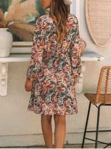 Brown Geometric Print Long Sleeve Surplice Flowy Dress