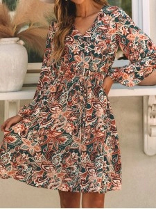 Brown Geometric Print Long Sleeve Surplice Flowy Dress