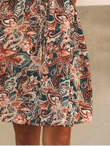 Brown Geometric Print Long Sleeve Surplice Flowy Dress