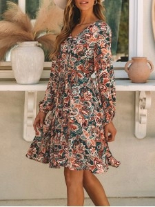Brown Geometric Print Long Sleeve Surplice Flowy Dress