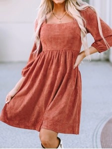 Brown Suede Square Neck Puff Sleeve Dress Brown Suede Square Neck Puff Sleeve Dress