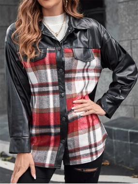 Casual plaid patchwork leather jacket