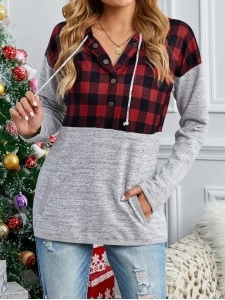 Casual red and black plaid hooded sweatshirt