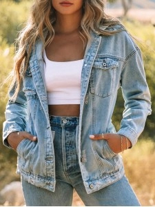 Casual solid color patchwork hooded denim jacket Casual solid color patchwork hooded denim jacket