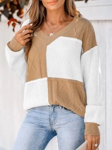 Check color block cable knit sweater Check color block cable knit sweater