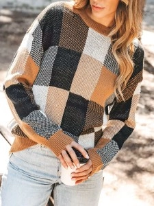 Checked color-blocked drop-sleeve sweater Checked color-blocked drop-sleeve sweater