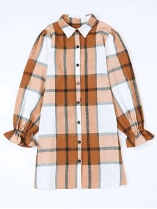 Khaki Plaid Pattern Collared Neck Ruffled Sleeve Shirt Dress