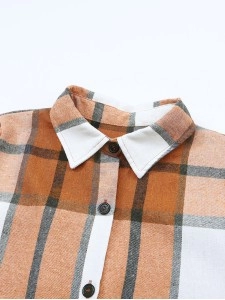 Khaki Plaid Pattern Collared Neck Ruffled Sleeve Shirt Dress