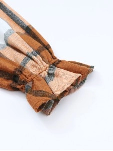 Khaki Plaid Pattern Collared Neck Ruffled Sleeve Shirt Dress