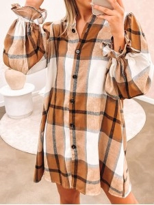 Khaki Plaid Pattern Collared Neck Ruffled Sleeve Shirt Dress