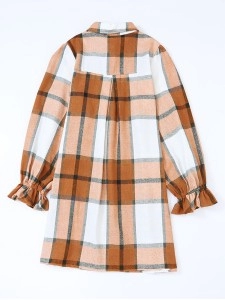 Khaki Plaid Pattern Collared Neck Ruffled Sleeve Shirt Dress