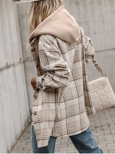 Khaki Plaid Removable Hood Buttoned Shacket