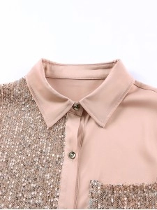 Khaki Sequin Splicing Pocket Buttoned Shirt Dress