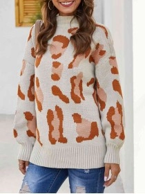 Leopard Mock Neck Dropped Shoulder Sweater