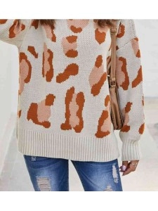 Leopard Mock Neck Dropped Shoulder Sweater