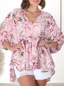 Pink Bohemian V-neck printed shirt