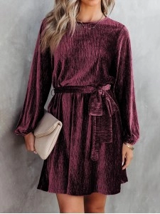 Red Tie Waist Crinkle Velvet Dress Red Tie Waist Crinkle Velvet Dress