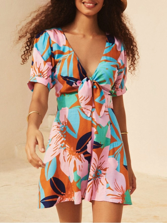 Women's floral-print holiday loose wide-leg romper shorts