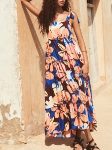 Women's printed holiday dress with shoulder floral print Women's printed holiday dress with shoulder floral print