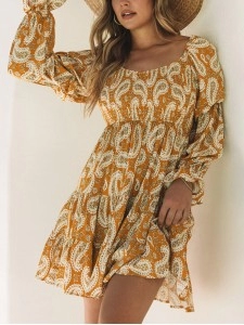 Yellow Boho Floral Collared Long Sleeve Ruffled Dress Yellow Boho Floral Collared Long Sleeve Ruffled Dress